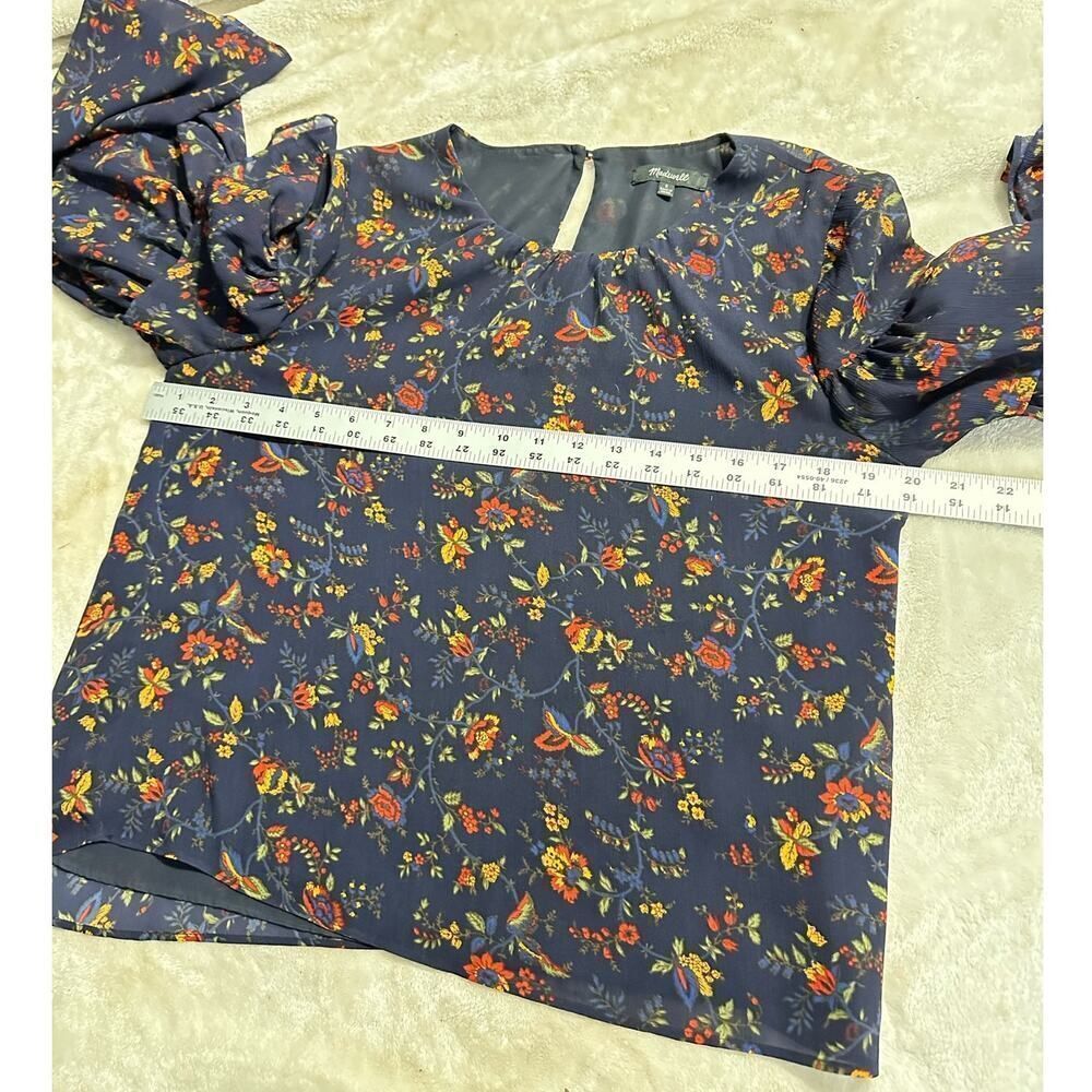 Madewell Ruffle-Sleeve Top Women's Small Navy Blue Floral Climbing Vine Blouse - Picture 10 of 13